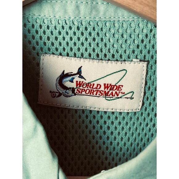 World Wide Sportsman Blue Green Short Sleeve Button Up Shirt Men's Size M NWT - Picture 3 of 5
